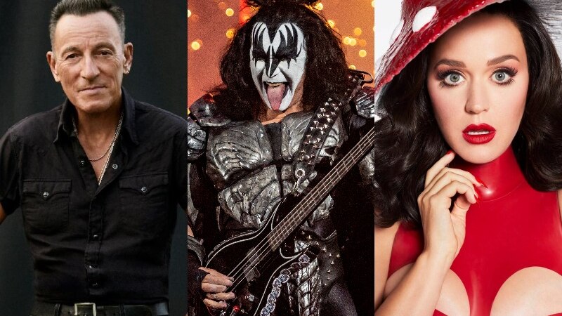 A three-panel collage of Bruce Springsteen, Kiss' Gene Simmons, and Katy Perry