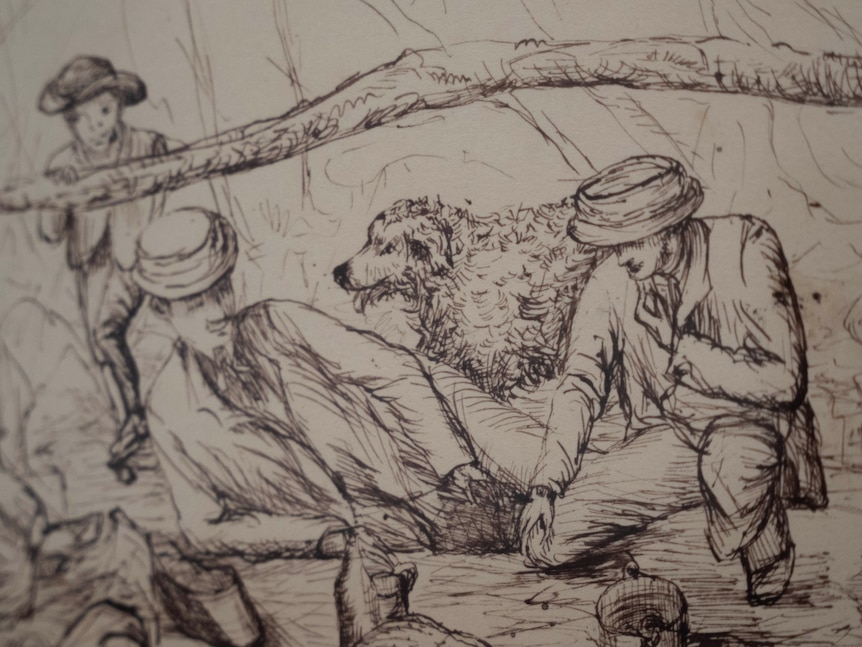 A sketch of a group of men with a dog.