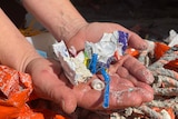 A pair of hands display rubbish including a blue plastic straw, chocolate wrappers, tiny pieces of plastic and rope.