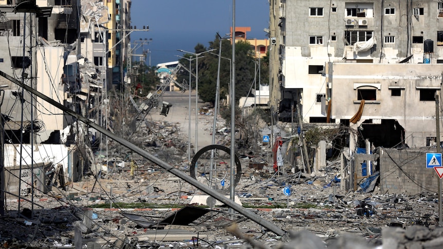 A damaged neighborhood following Israeli airstrikes on Gaza City.