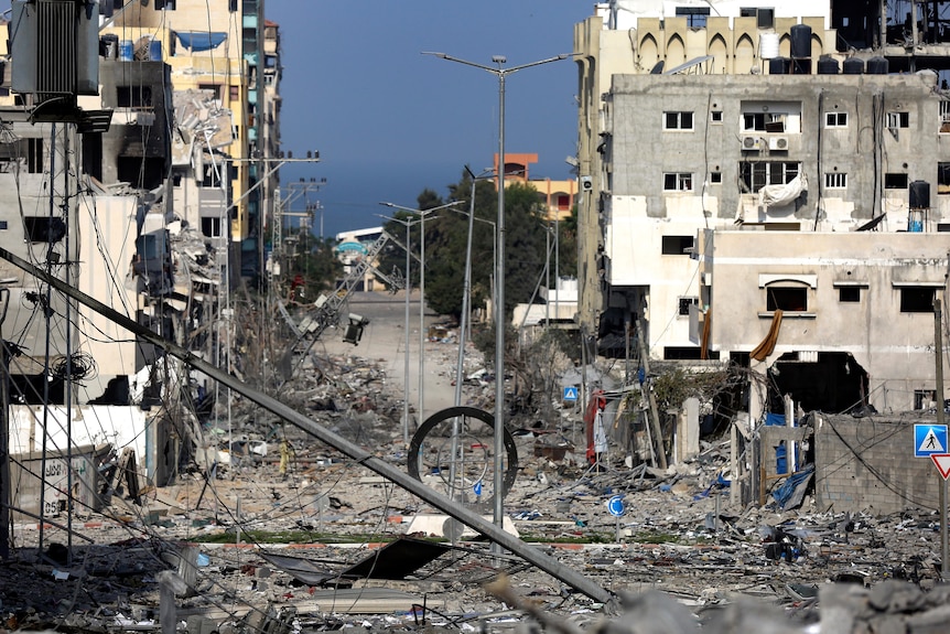 A damaged neighborhood following Israeli airstrikes on Gaza City.