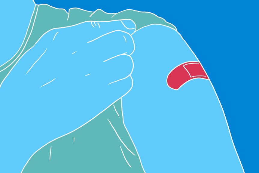 A blue, green, red and white graphic of an arm with a bandaid.