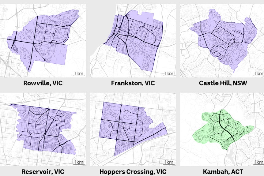 Maps of Rowville, Frankston, Castle Hill, Reservoir, Hoppers Crossing and Kambah.