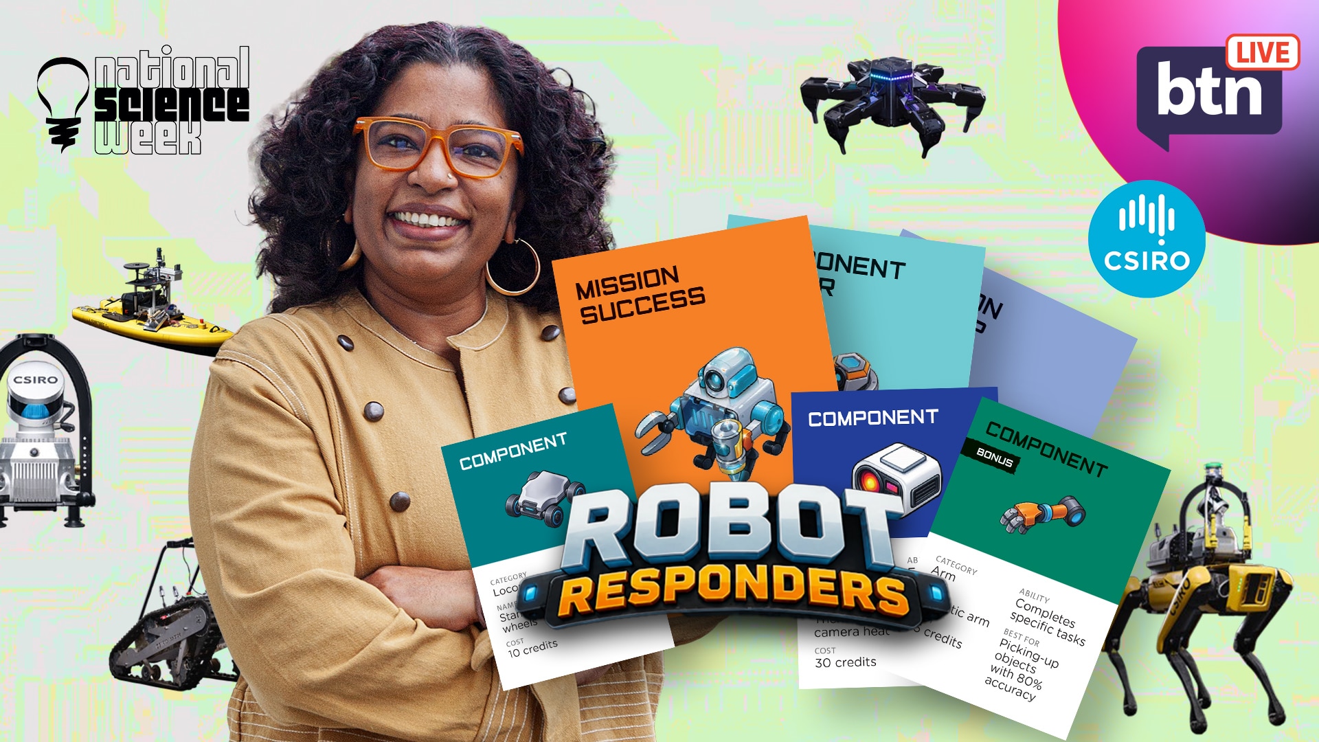 Smriti smiles to camera. Various CSIRO robots and illustrated cards from the Robot Responders card game.