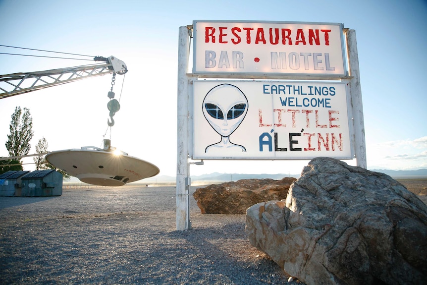A 'crashed flying saucer' outside a motel in Nevada, near Area 51.