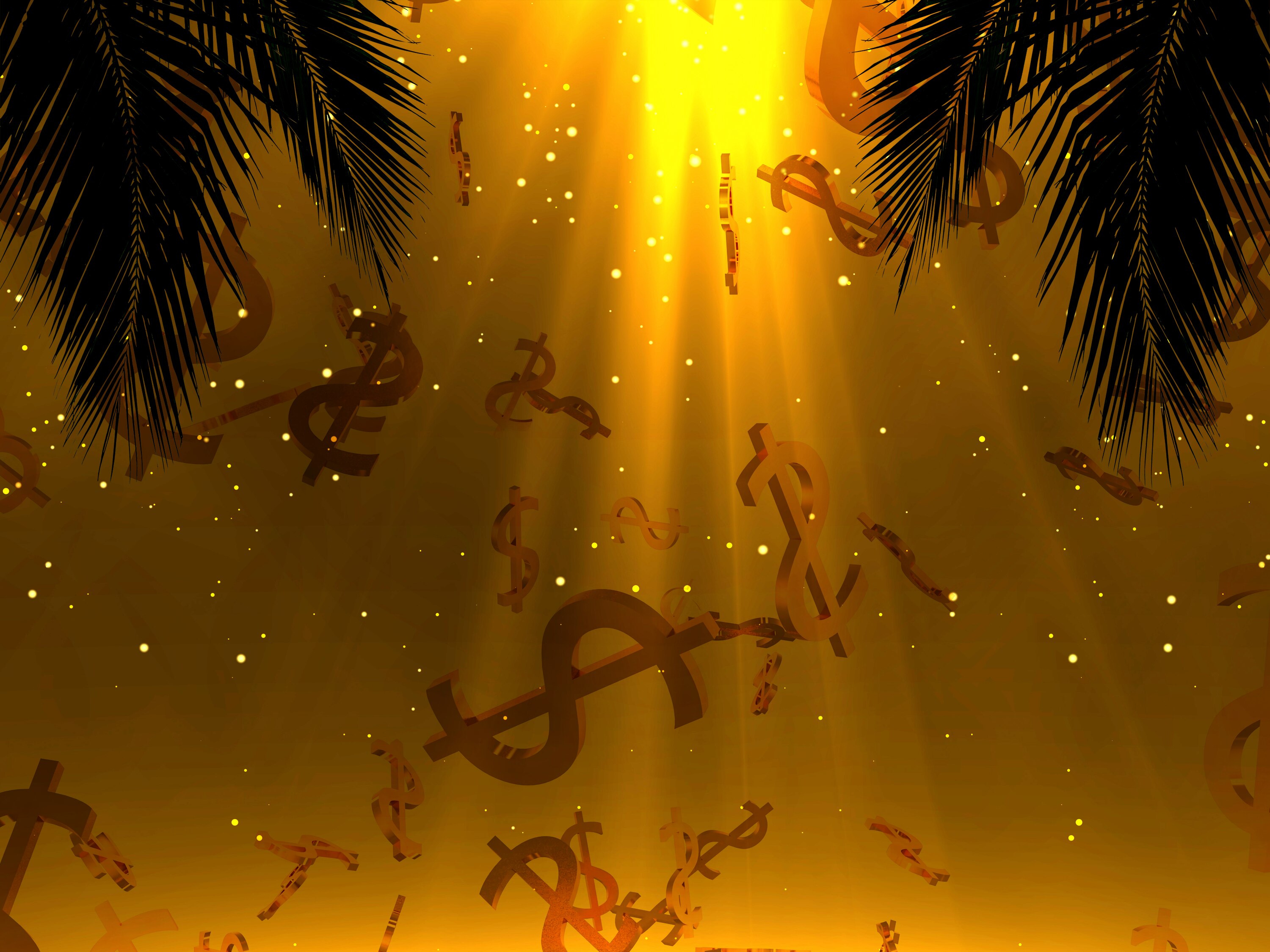 A graphic of dollar signs raining between palm frond shadows. 