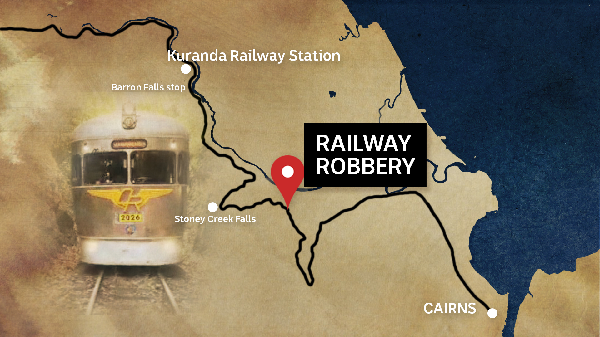 A map marking the locations of the Kuranda railway line, Cairns, the robbery location, Kuranda station.