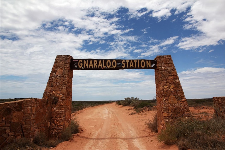 Stone entrance to Gnaraloo station, a beach in WA's North.