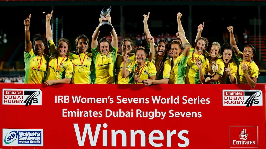 Australia celebrates women's Dubai Sevens title