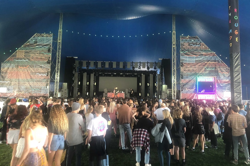 Hundreds of revellers in front of a stage.