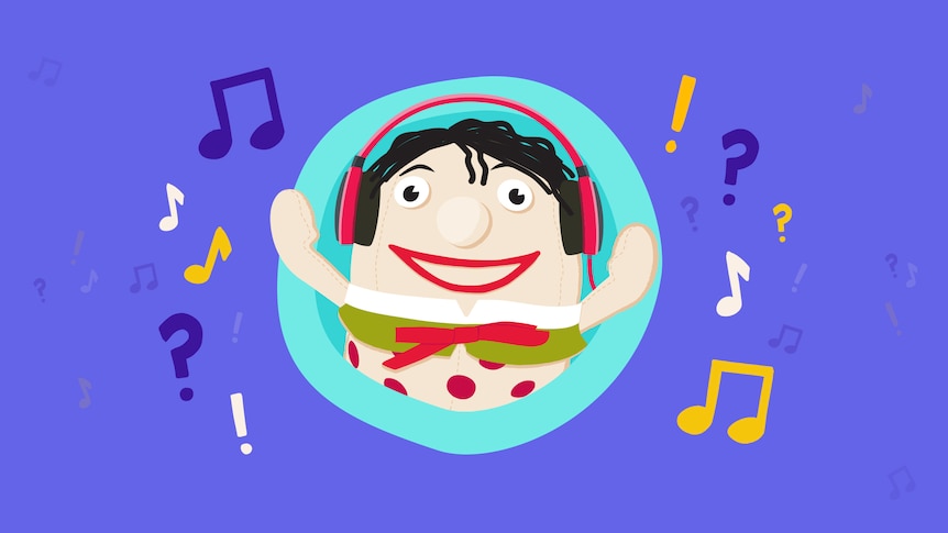 Animated image of Humpty, a toy egg, wearing headphones and smiling, on a purple background.