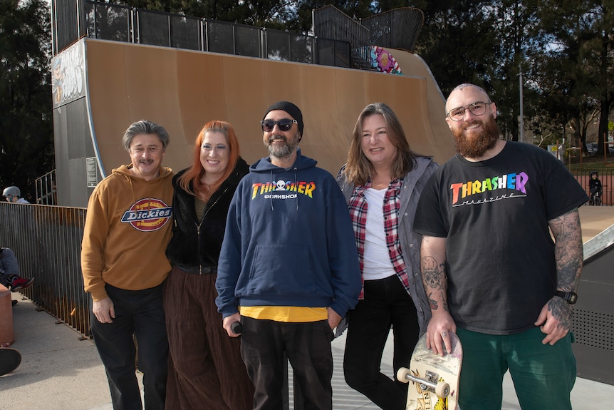 Five people standing together infront of a skate ramp, including ACT government minister Tara Cheyne and Yvette Berry. 