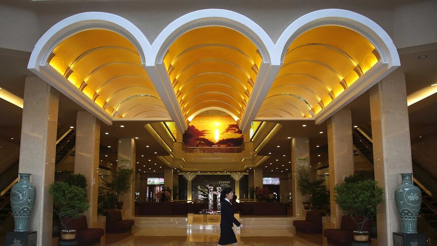 A newly renovated hotel lobby featuring triple archways.