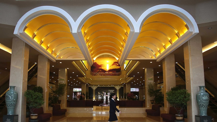 A newly renovated hotel lobby featuring triple archways.