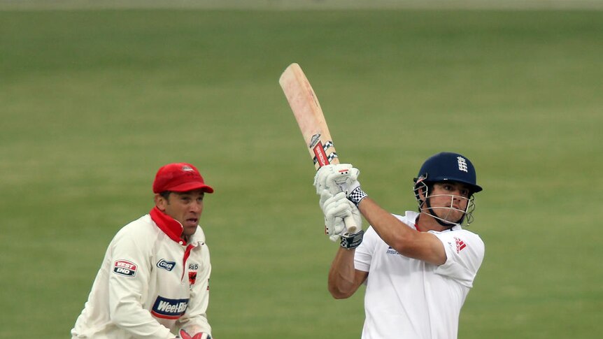 Alastair Cook hits out on his way to an unbeaten 111 at the Adelaide Oval