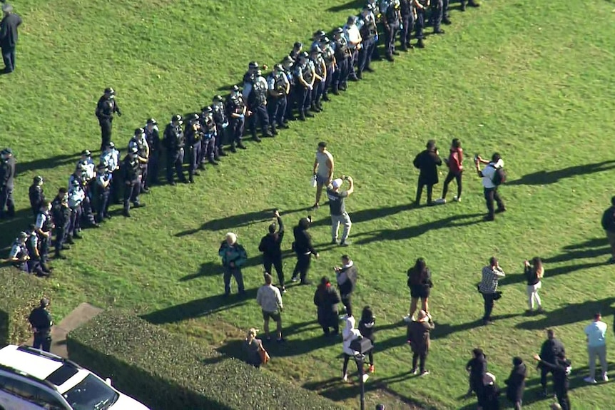 police in line at a park face protesters