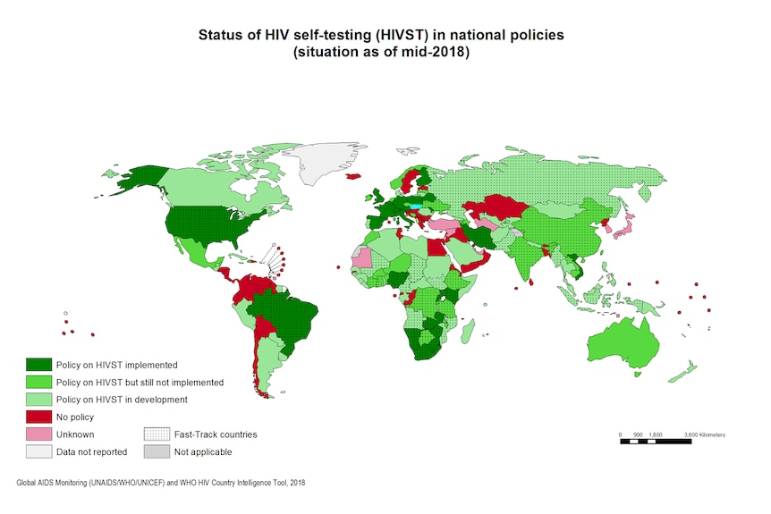 Map of countries where HIV self-testing policy exists.