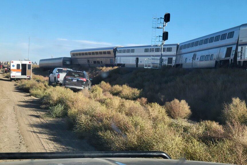 Three carriages of the train are visibly off the tracks as vehicles gather on the road nearby.