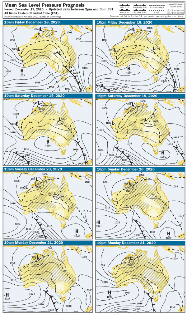 Synoptic maps of Australia showing troughs band rain for much of the country over the coming days.