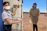 A collage of nurses Shikha, Topaz and Georgia wearing face masks 