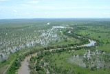 a flooded river, taken from a helicopter