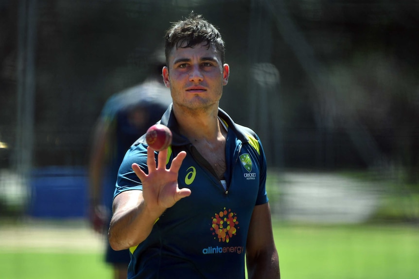 Marcus Stoinis, wearing a green Cricket Australia training shirt, holds his hand up while catching a cricket ball.
