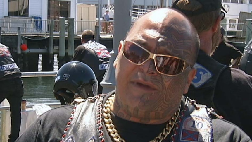 Tasmanian bikie AJ Graham on Hobart's waterfront.