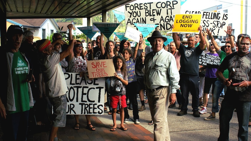 A group of people with anti Forestry Corporation signs congregated outside an office building.