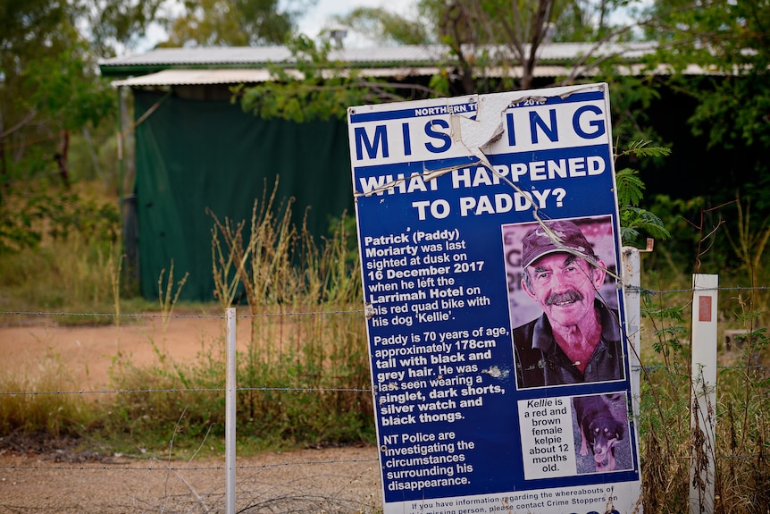 A photo showing a missing sign with NT Police details and the name and image of Paddy Moriarty.