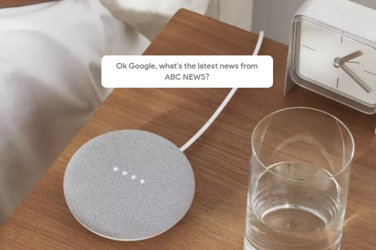 A Google Home Mini sits on a bedside table and is asked "What's the latest news from ABC News".