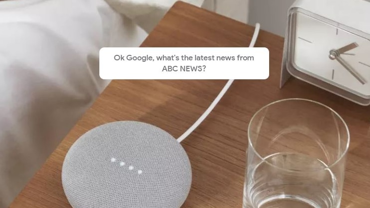 A Google Home Mini sits on a bedside table and is asked "What's the latest news from ABC News".