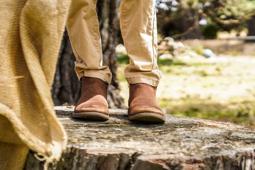 A child's pair of brown suede boots stand on a tree stump.