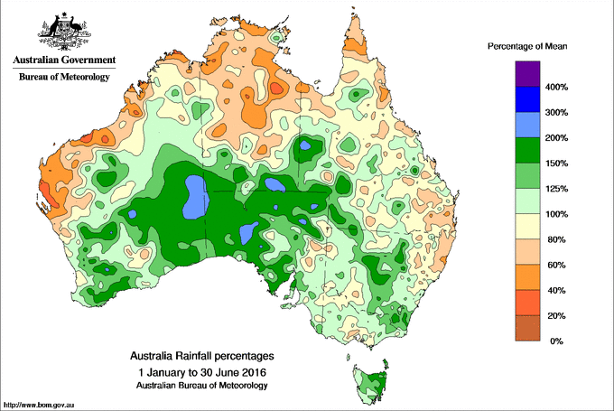 The percentage of mean rainfall which has fallen over the past six months