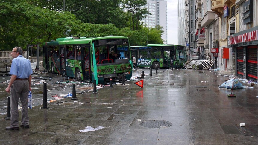 Buses used as barricades sit outside Taksim Gezi Park in Istanbul.