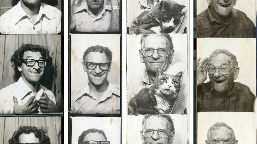 Four strips of photos, each showing the same man, at different ages, in different poses, in one strip with a cat.
