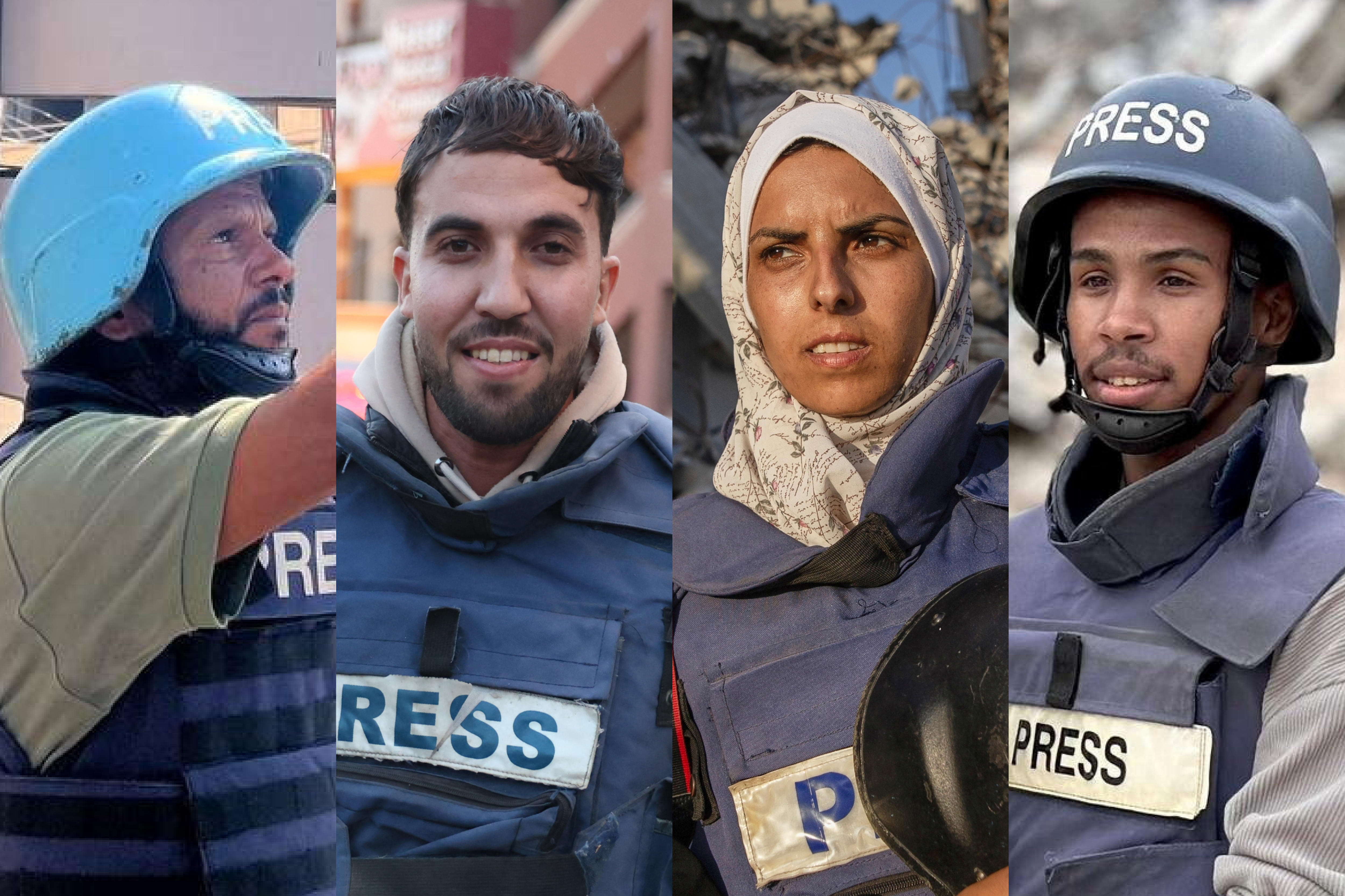 Three photos of journalists wearing press vests