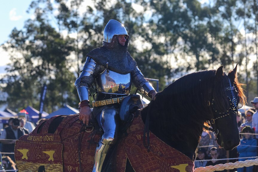 A man dressed as a knight on horseback. 