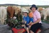 Dianne Priddle with grandsons Bailey and Ashton Phillott feeding the heifers.