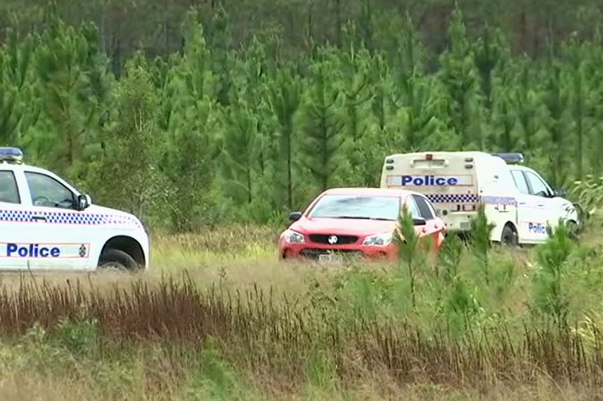 Police cars at a crime scene with a red car on Roys Road at Coochin Creek.