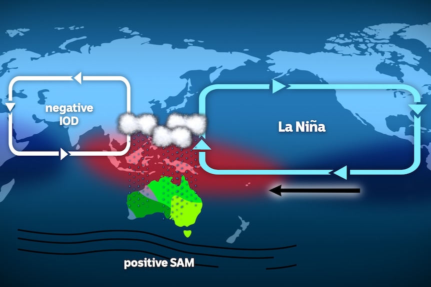 A diagram showing a Negative IOD to the west, La Niña to the east and SAM to the south.