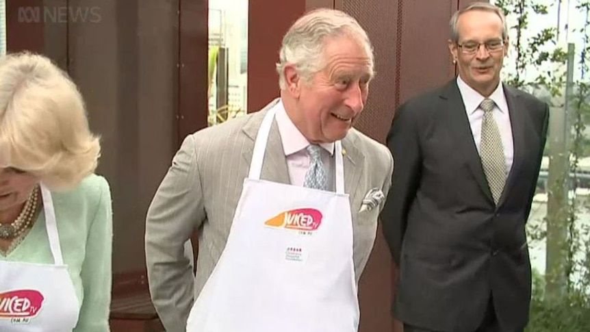 Prince Charles and Camilla in a cooking segment for Juiced TV at Lady Cilento Children's Hospital.