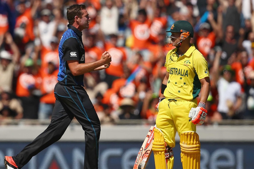 Tim Southee and David Warner face off