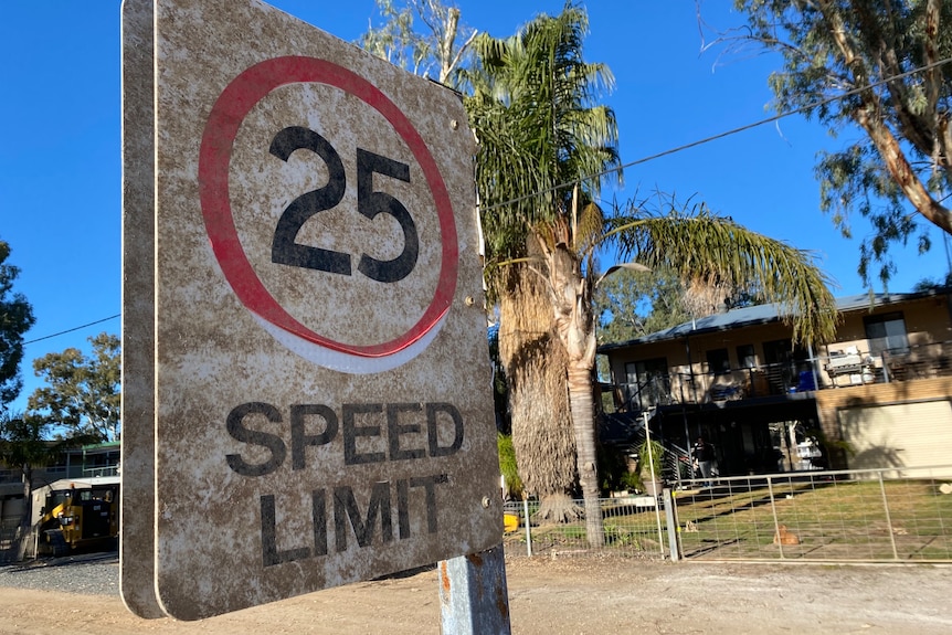 A 25 speed limit road sign which is all muddy from being underwater. There's a palm tree and house in the background.