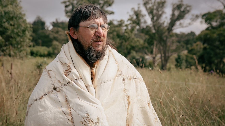 Wiradjuri man Adrian Williams stands on possum skin processing ground  near Great Western Highway