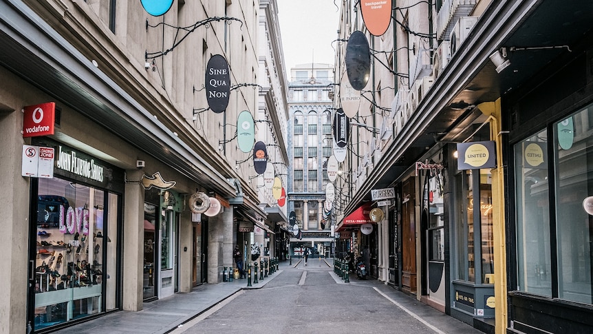 A view down an empty Degraves Street in daylight.