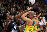 Grace Nweke tries to catch a ball during a Constellation Cup netball game.