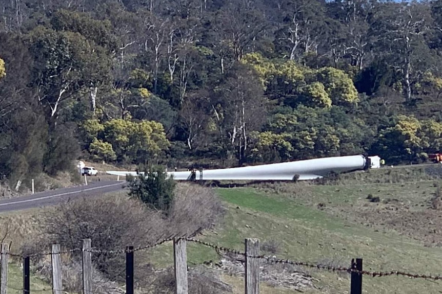 A wind turbine blade across a road near Bothwell in Tasmania. September 19, 2019.