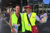 NAB boss Andrew Thorburn and Big Issue seller Allan Crabbe outside NAB's Melbourne HQ
