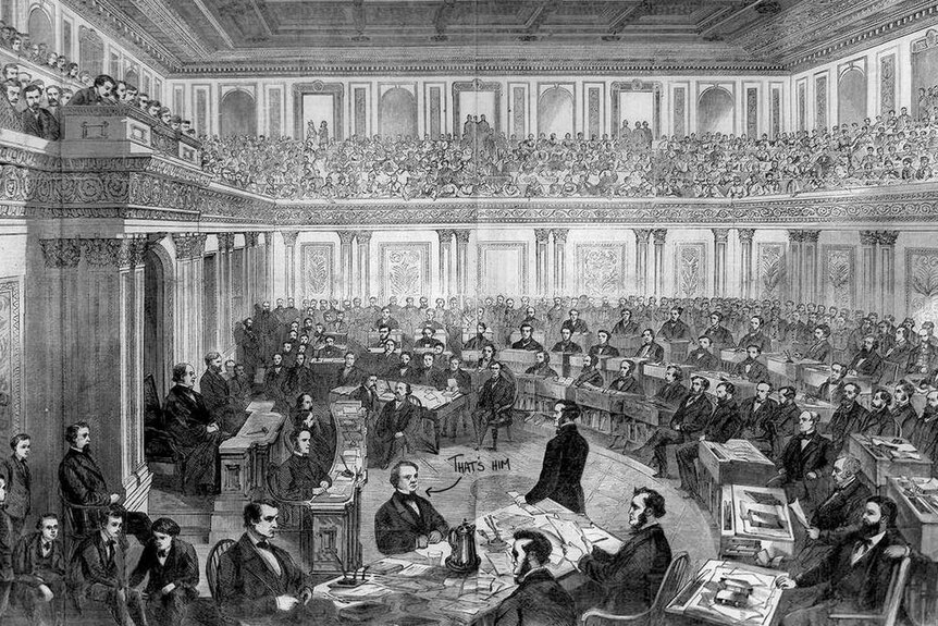 A black and white court drawing of the Johnson impeachment trial. Amid the masses of senators, Johnson is labelled.