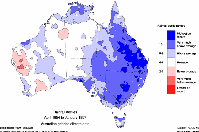 A map showing the impact La Niña has on Australia between 1954 and 1957